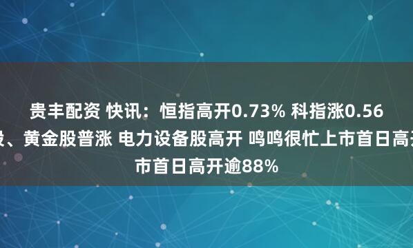 贵丰配资 快讯：恒指高开0.73% 科指涨0.56% 科网股、黄金股普涨 电力设备股高开 鸣鸣很忙上市首日高开逾88%